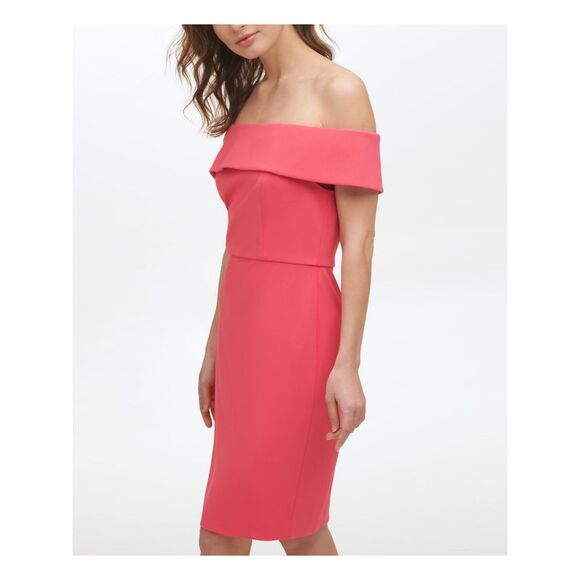 NWT CALVIN KLEIN Womens Coral Waistline Seam Fold Over Short Sleeve Dress 2 - Picture 3 of 5